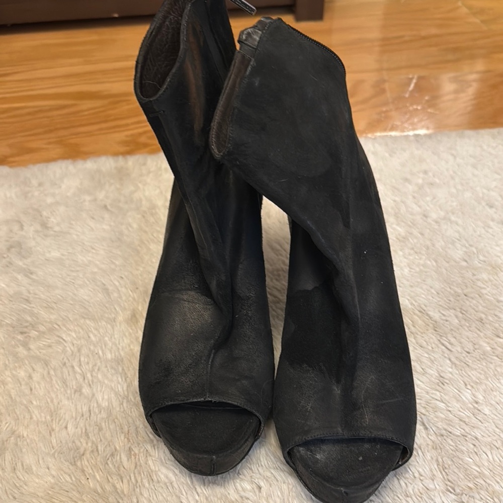 Black Heeled Boots with Open Toe and Slouchy Ankle Design